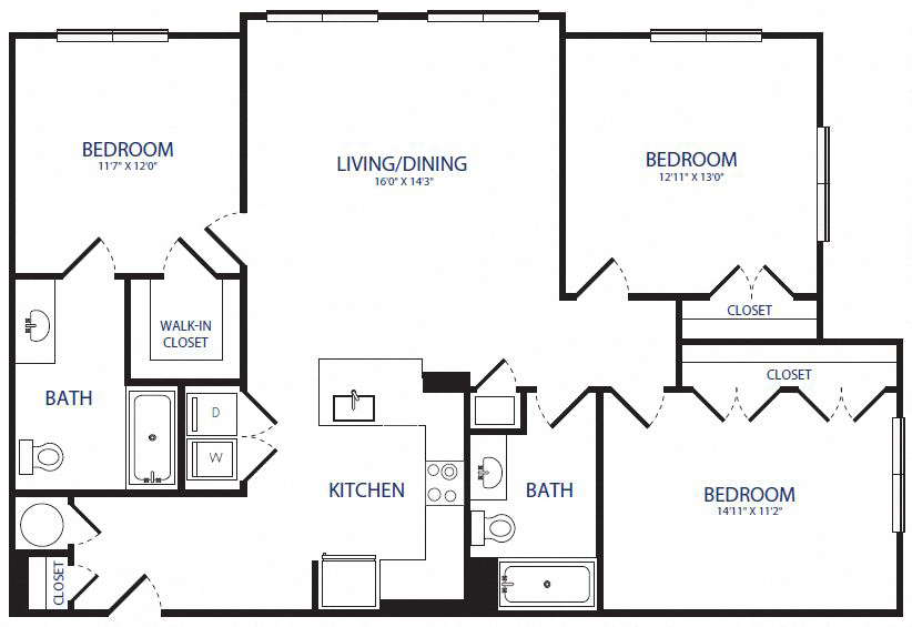 Floor plan for 3 beds, 2 baths, 1327 sqft